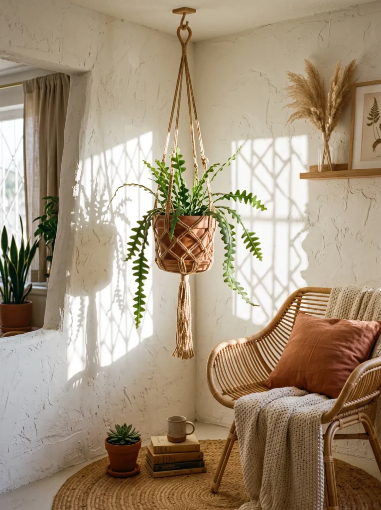 Fishbone cactus trailing from a rattan macrame hanger casting a zigzag shadow on a white wall