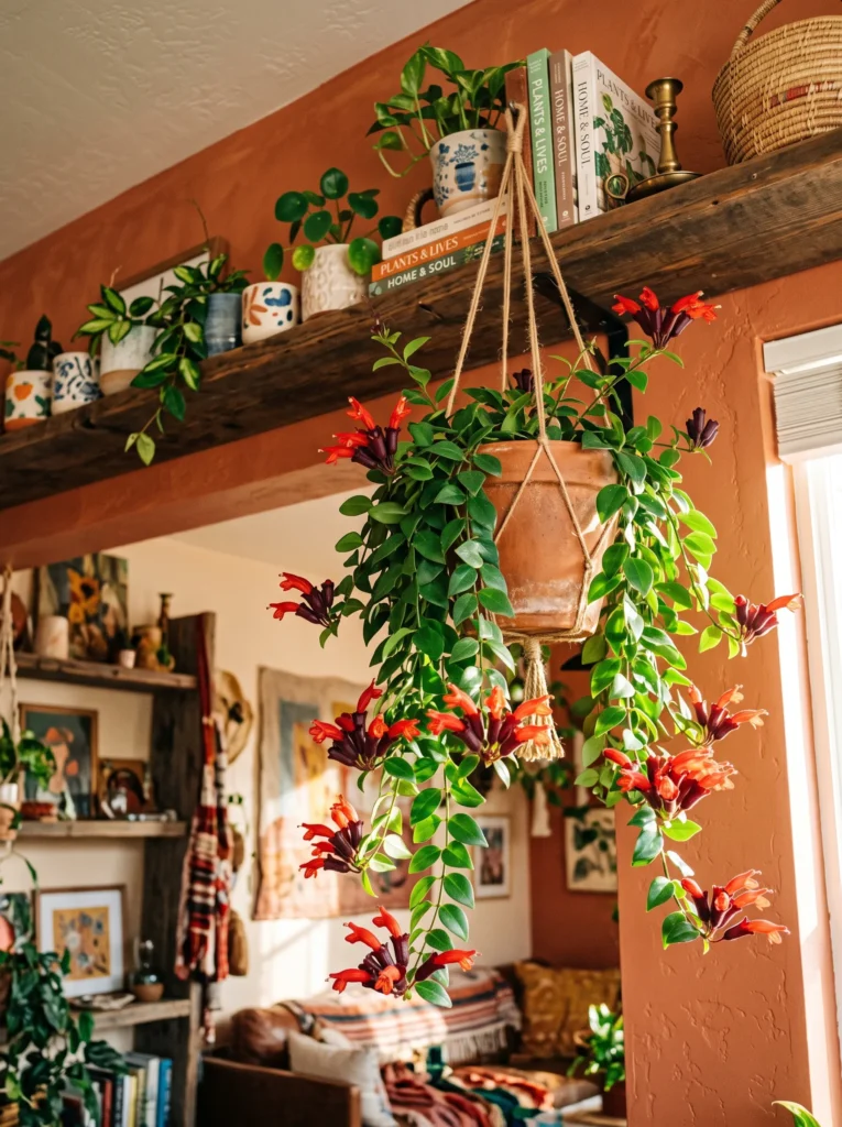 Lipstick plant with trailing red-orange tubular blooms on a wooden shelf in an eclectic room