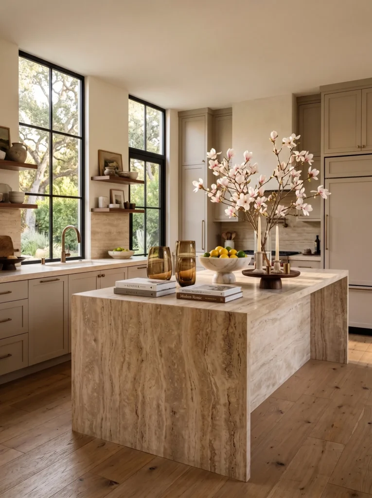 Modern boho kitchen decor honed travertine waterfall island styled with sculptural bowls, citrus, and blooming magnolia.