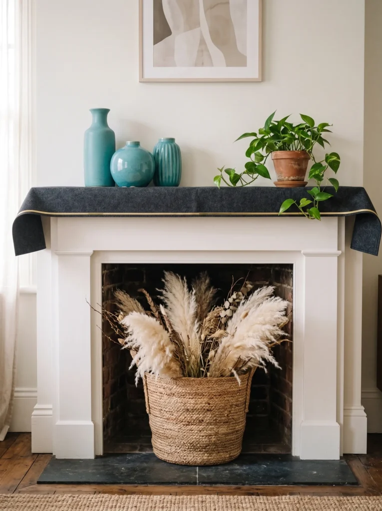 Woven jute basket with dried pampas grass filling a fireplace firebox