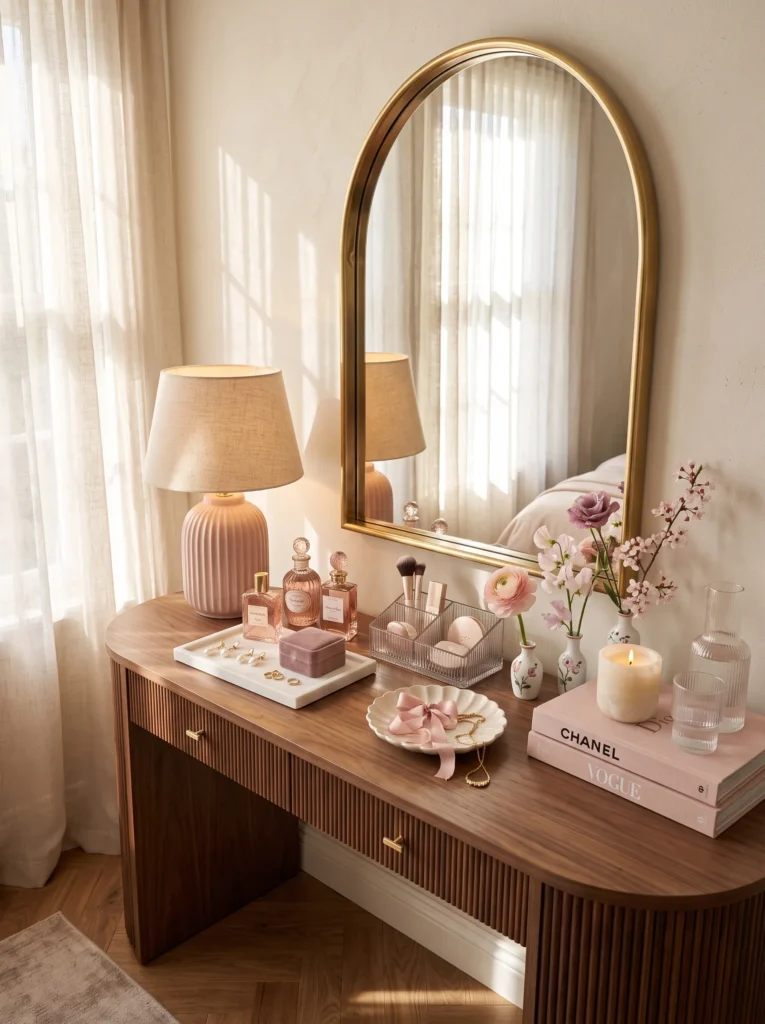 Blush and champagne vanity styling with vintage perfume bottles and a marble jewelry tray