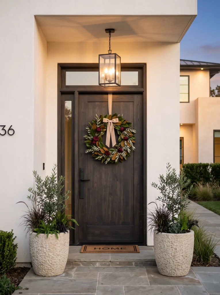 preserved botanical Halloween wreath with champagne velvet ribbon on front door