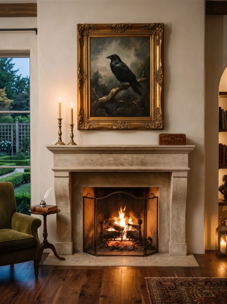 Vintage raven oil painting in a gilded frame above a mantel