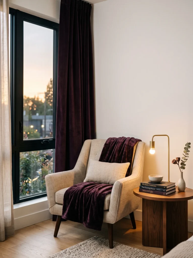 armchair draped with aubergine velvet throw in bedroom reading nook