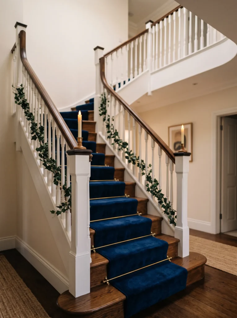 midnight blue velvet staircase runner with brass stair rods