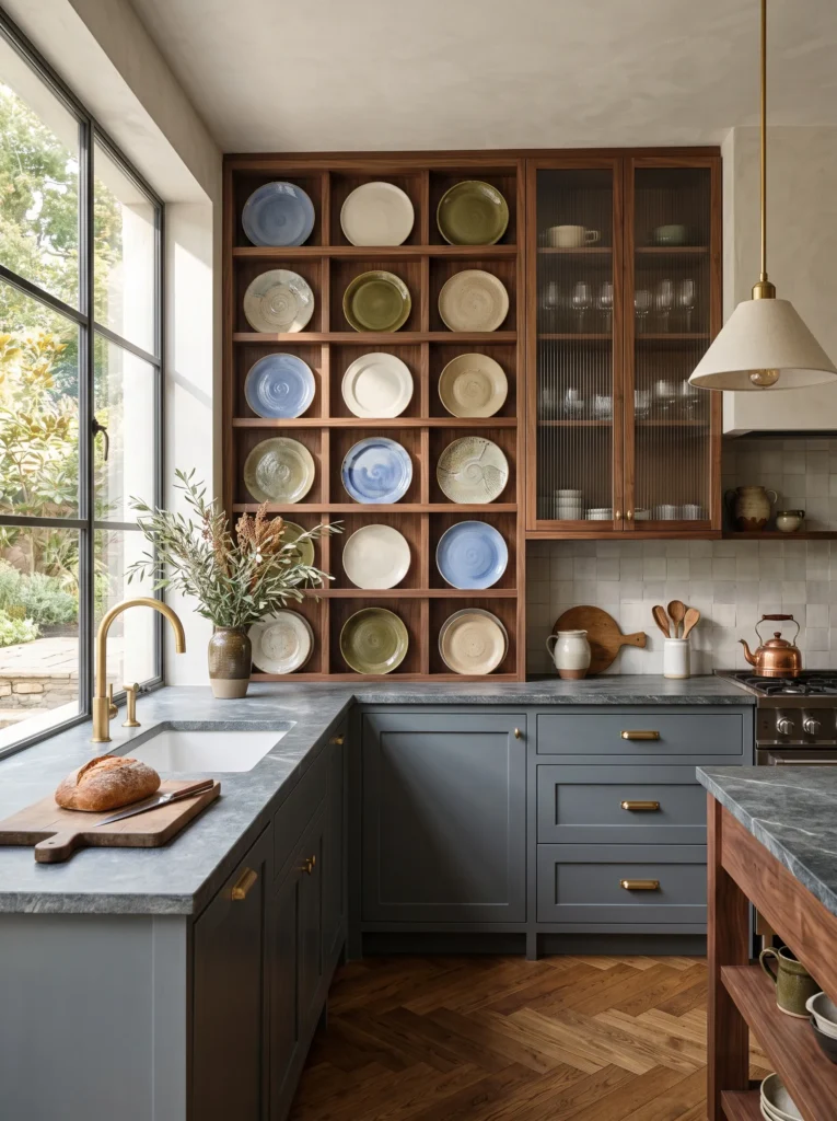 Modern boho kitchen decor vertical plate display wall with handcrafted ceramic plates and walnut dividers.