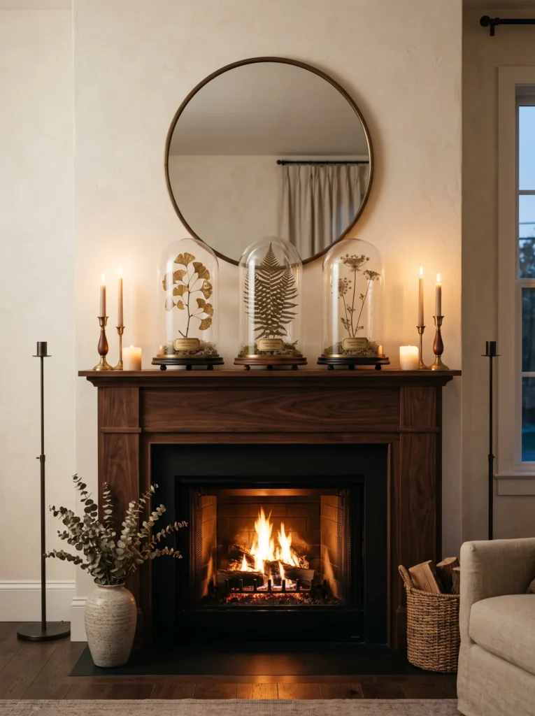 Antique glass cloches with preserved specimens on a walnut mantel