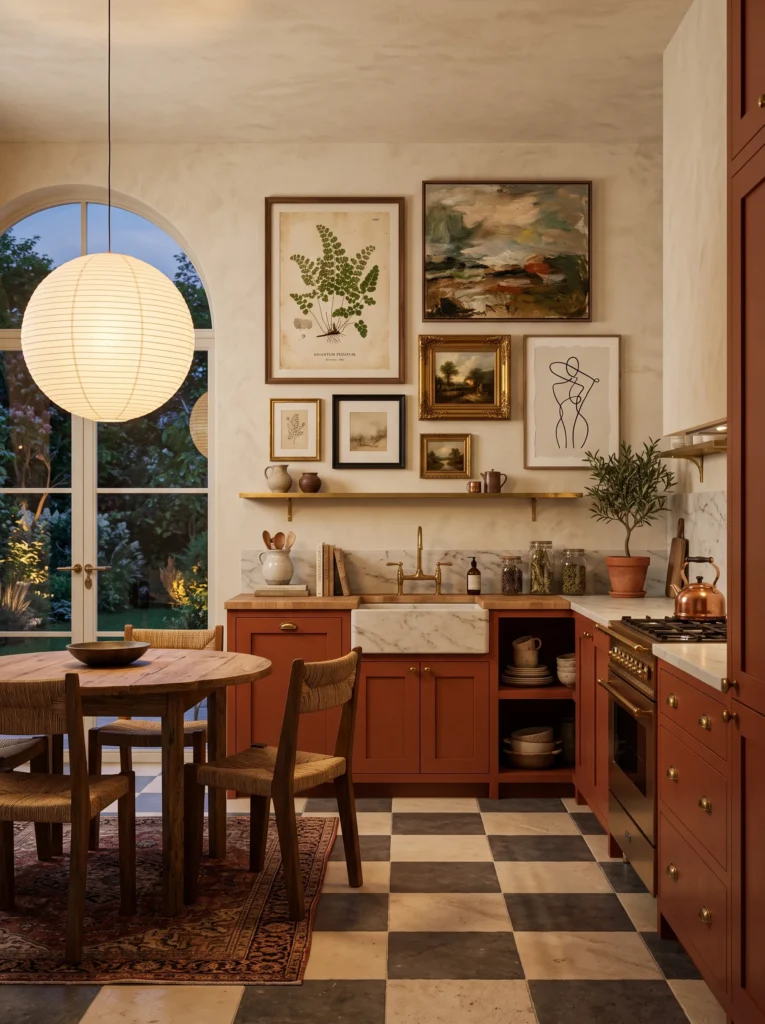 Modern boho kitchen decor gallery wall with vintage botanical prints, abstract landscapes, and mixed wood frames.