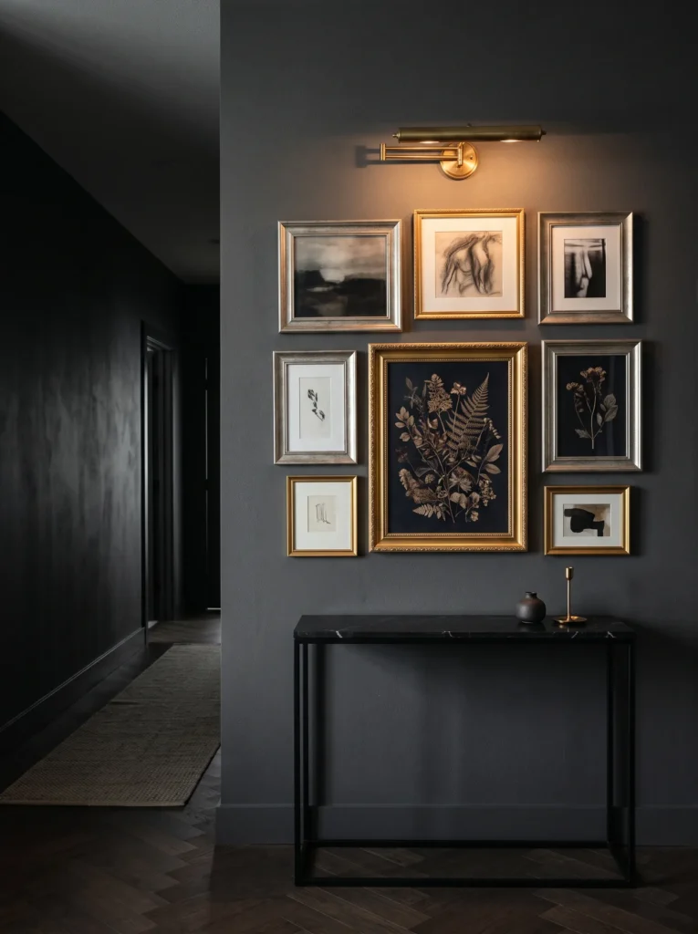 mismatched gold and silver frame gallery wall in charcoal hallway