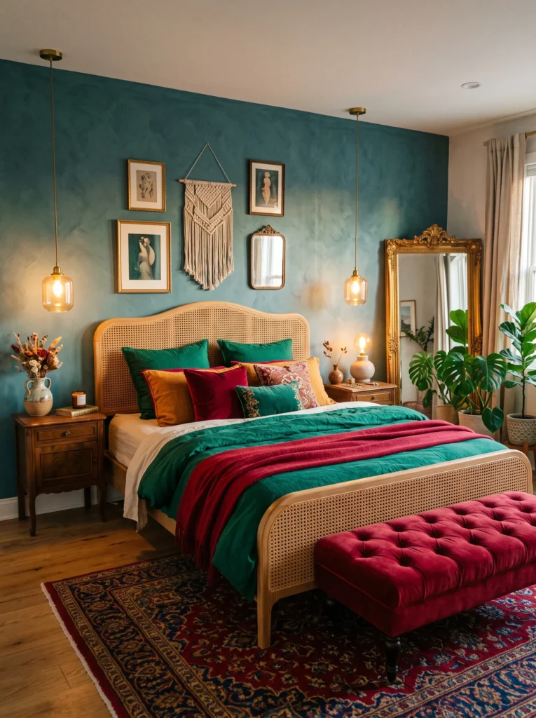 Vintage jewel-tone bedroom with woven rattan headboard and brass lighting