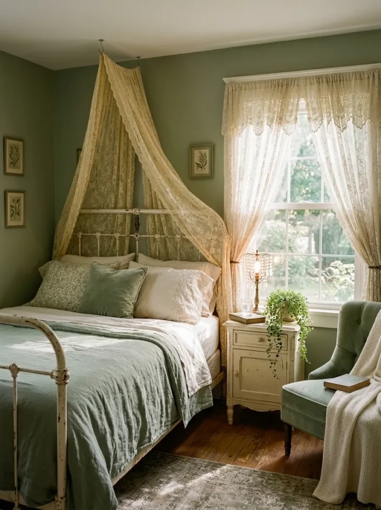 Vintage lace canopy bedroom with sage velvet slipper chair and iron bed frame