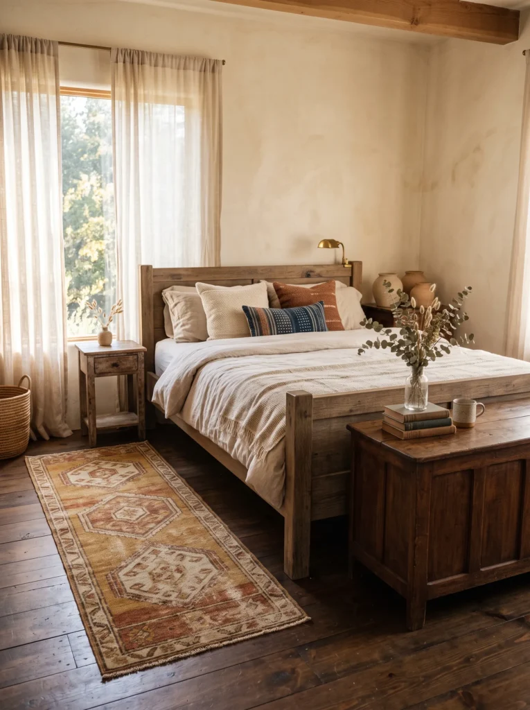 Faded ochre and rust vintage wool runner beside a weathered oak bed