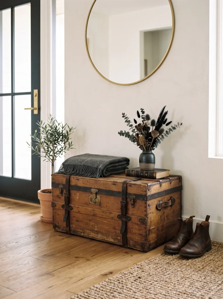 vintage leather trunk styled as entryway bench with charcoal throw