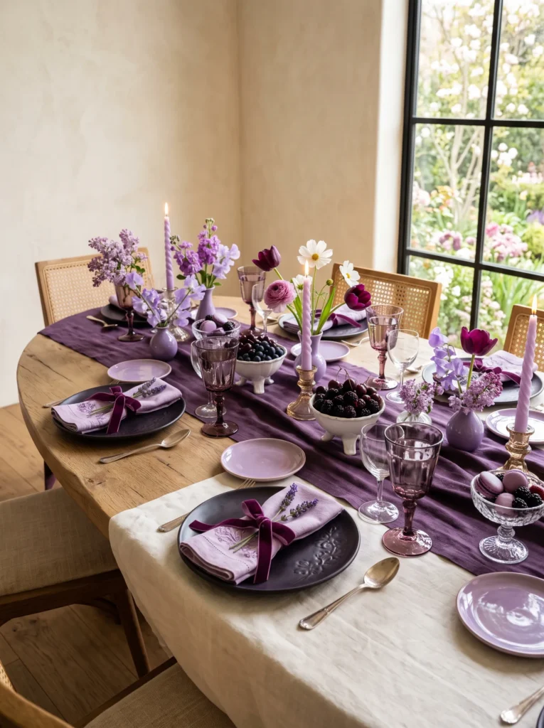 Violet and blackberry toned table with amethyst crystal goblets and lilac flowers