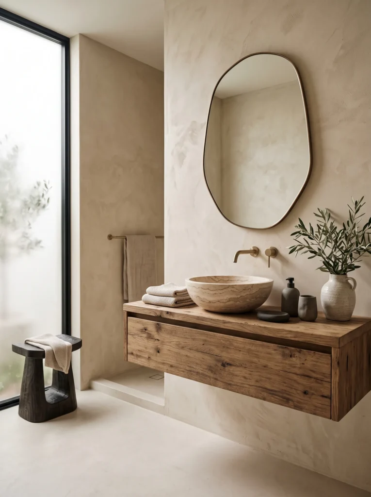 Textured lime plaster wall and stone vessel sink in a minimalist wabi-sabi bathroom