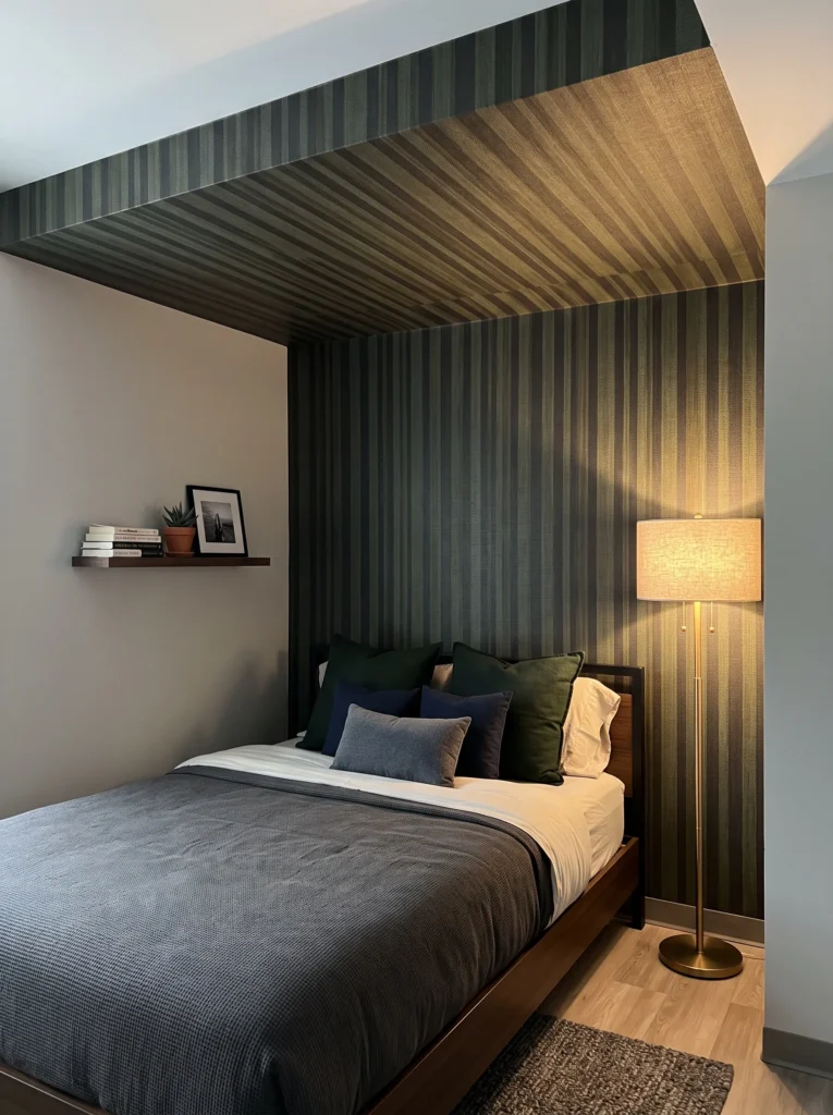 Dorm ceiling and accent wall wrapped in matching tonal stripe wallpaper for a boxed cocoon effect — dorm decor ideas for guys.