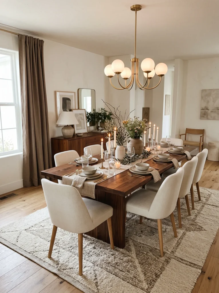 walnut dining table neutral upholstered chairs
