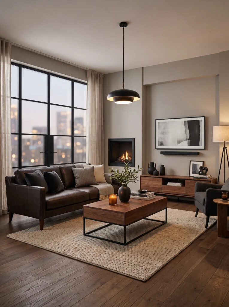  Walnut wood coffee table and shelving in a warm modern masculine living roo