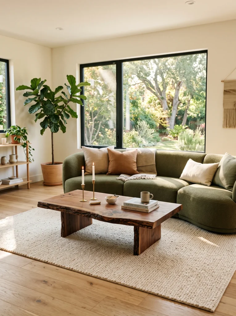 Rustic live-edge walnut coffee table with natural bark edges on a cream rug