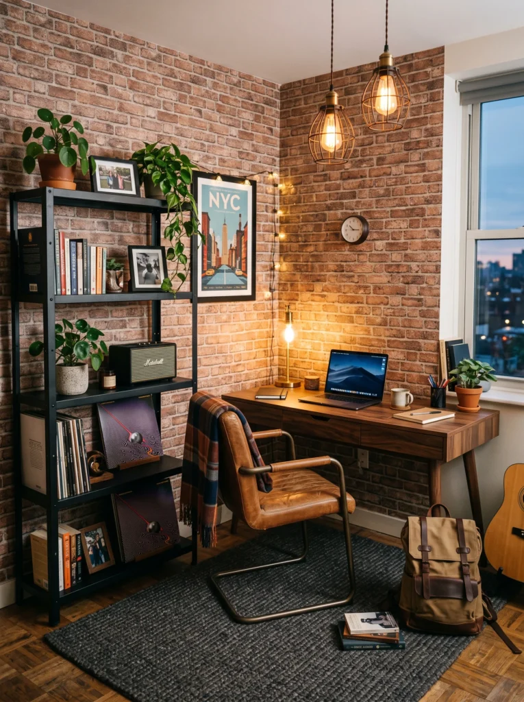 Industrial dorm corner with black metal shelving, walnut desk, leather accent chair, and amber pendant lighting — masculine dorm decor.