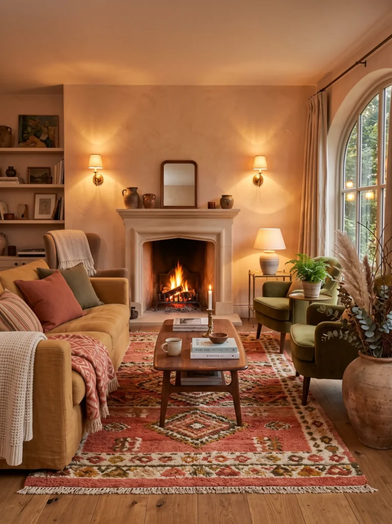 beige limestone fireplace with peach and terracotta color palette