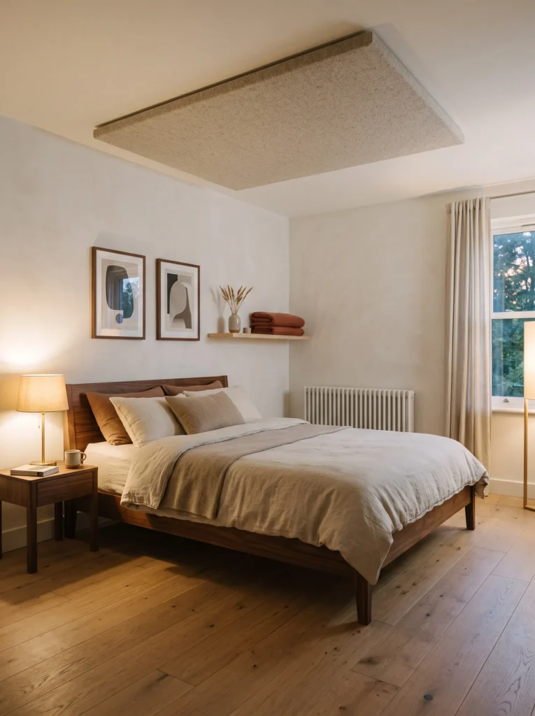 Wool acoustic panel suspended above a walnut bed frame