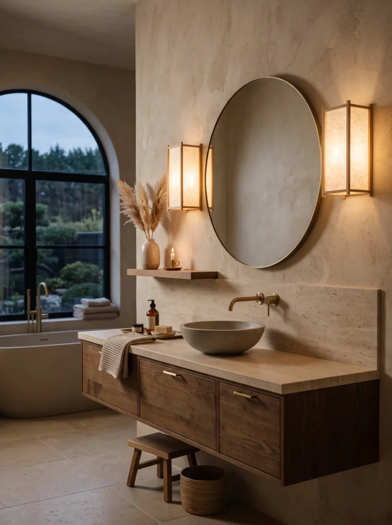 handcrafted washi paper wall sconces beside a round bathroom mirror