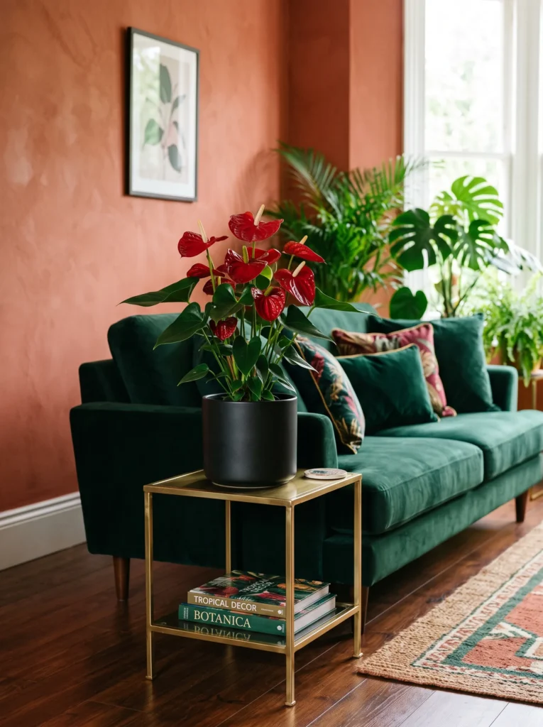 Anthurium with glossy deep-red heart-shaped bloom in a matte black pot in a modern tropical room