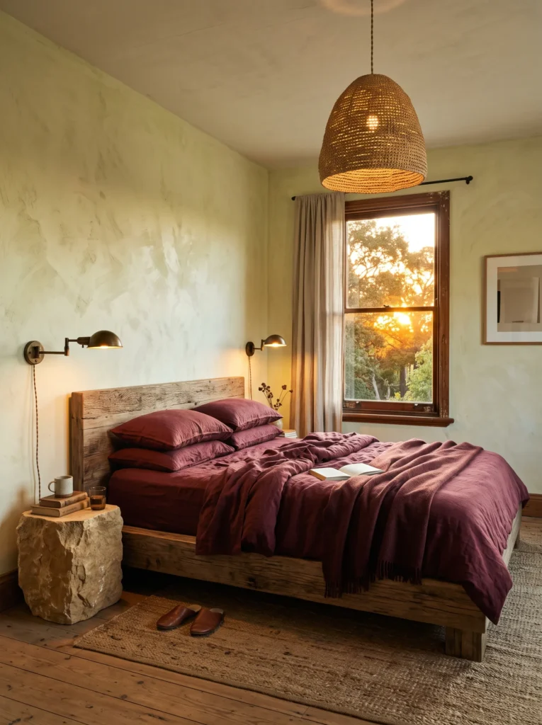 Weathered teak bed frame in a lime-washed plaster bedroom sanctuary