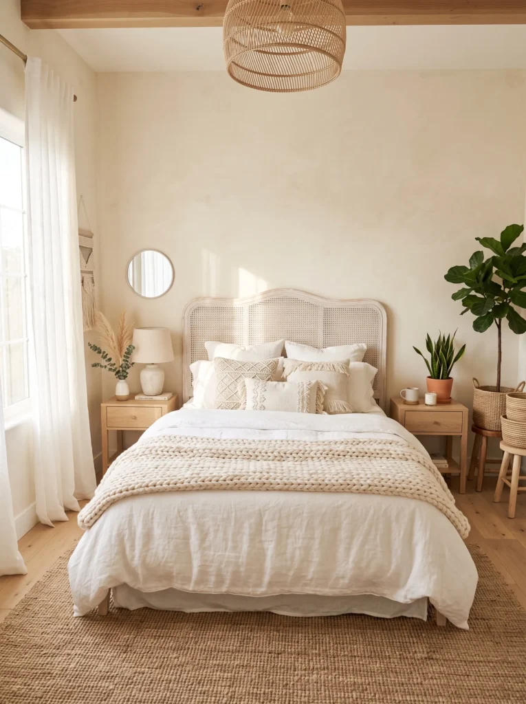 White boho bedroom with whitewashed rattan headboard and layered linens