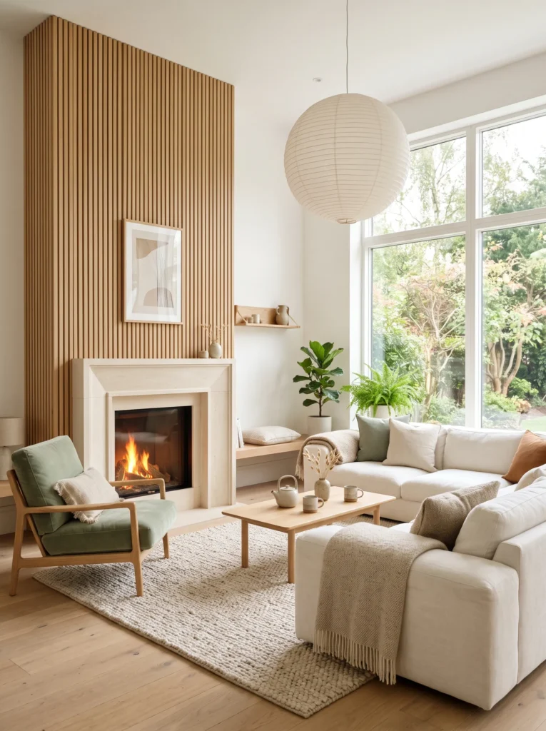 white oak slat wall with limestone fireplace in a Scandinavian living room
