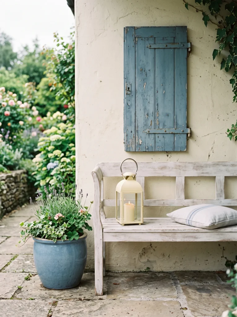 Whitewashed porch bench with a dusty blue planter and vintage shutter