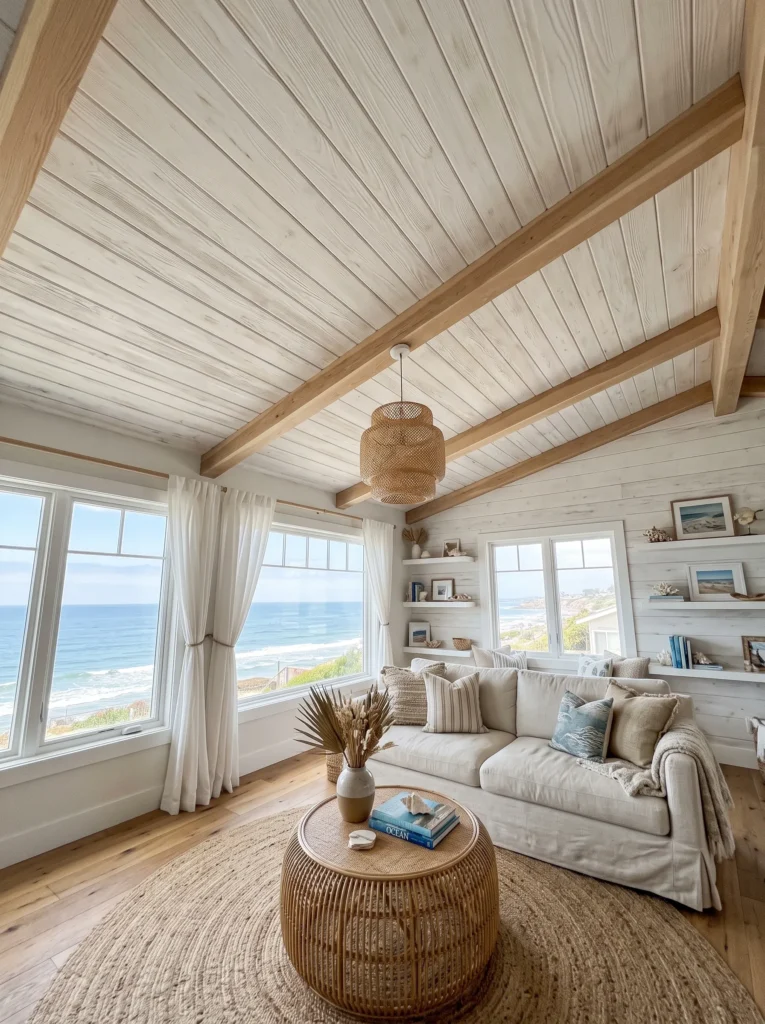 Whitewashed shiplap ceiling in a bright, airy coastal-style living room