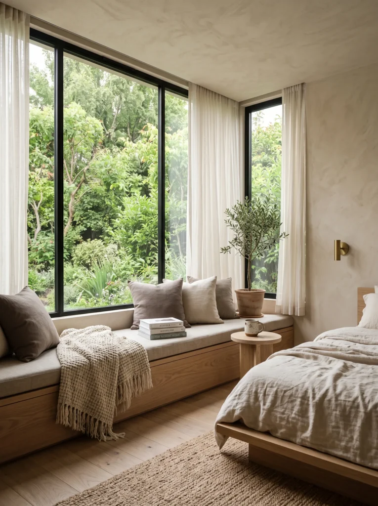 Built-in window bench with cushions overlooking greenery in a minimalist bedroom