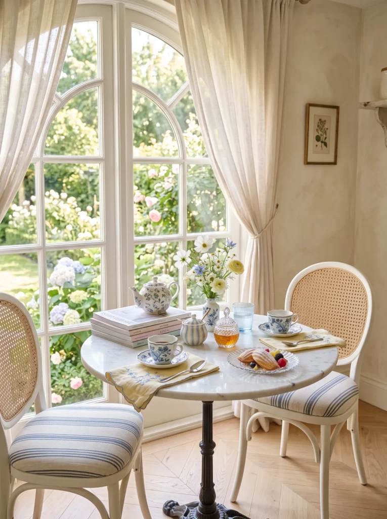 Powder blue breakfast nook table with scalloped espresso cups near a window