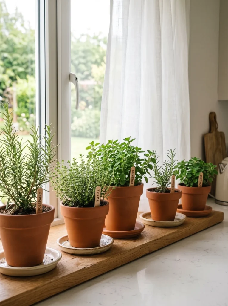 Windowsill herb ledge with terracotta pots, a heat-tolerant summer decorations for home idea.