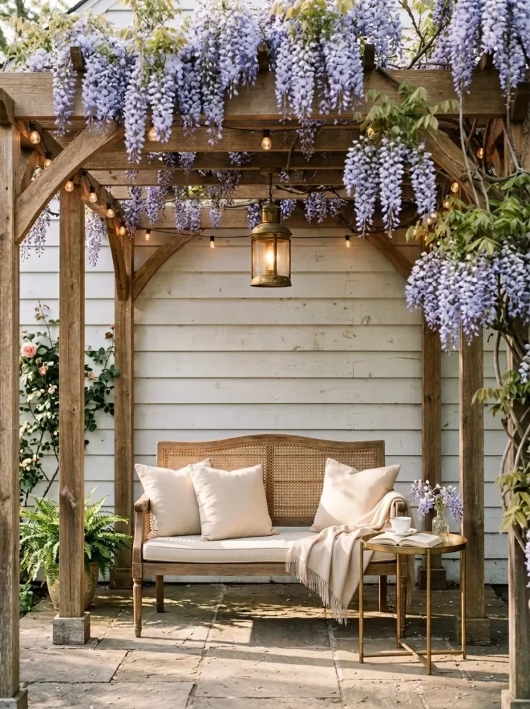 Wisteria vine draped over a cane porch corner with brass lantern light