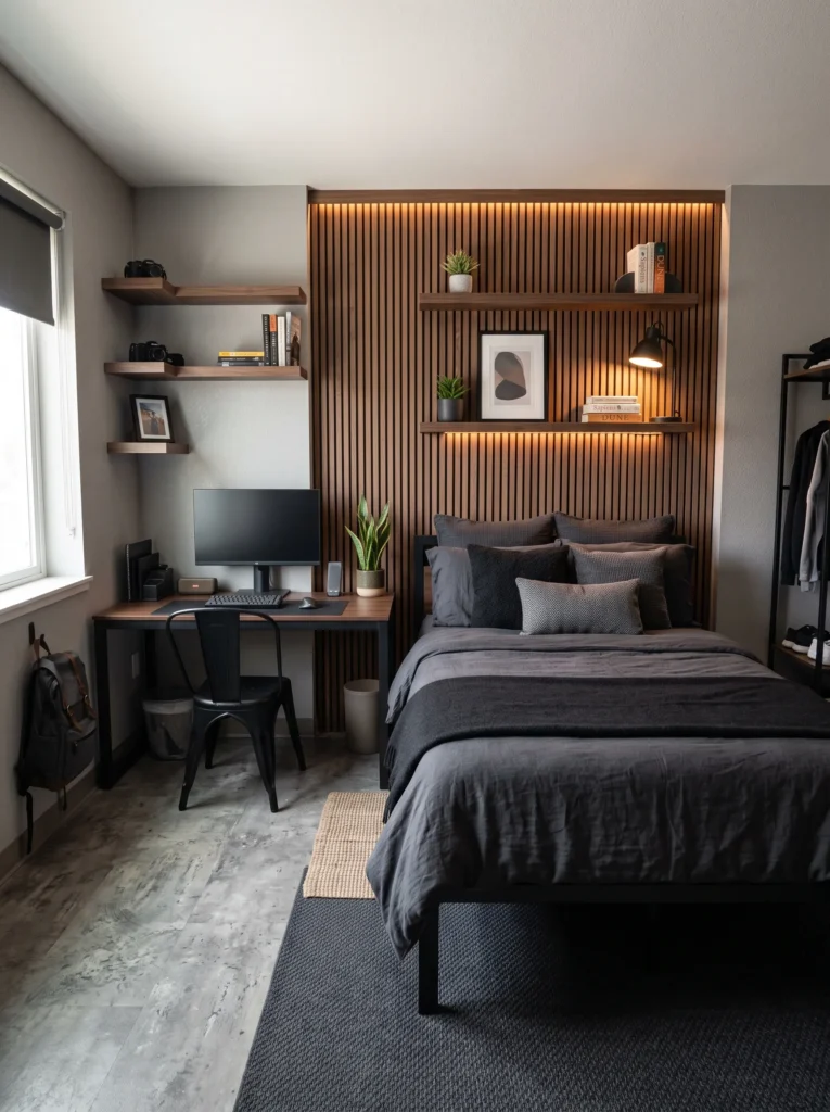 Peel-and-stick vertical wood slat accent wall behind a dorm bed in a walnut finish, dorm accent wall ideas for guys.