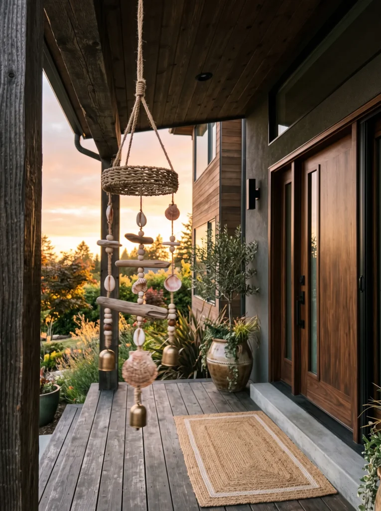Handwoven seagrass wind chime hanging on a porch, a sensory summer decorations for home idea.