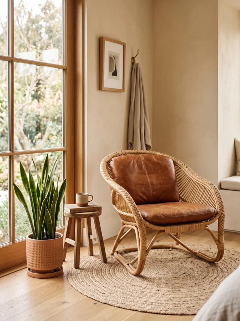 Curved woven rattan accent chair with cognac leather cushion near a window