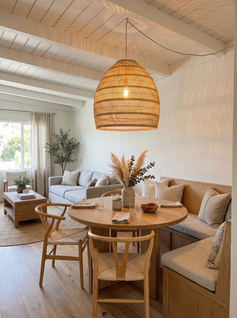 Woven rattan pendant light hanging above an open-plan coastal living space