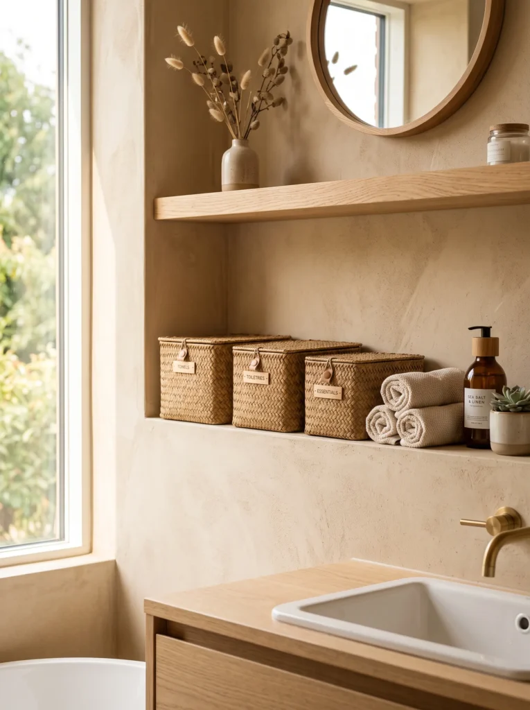 seagrass woven storage baskets tucked into a floating vanity niche