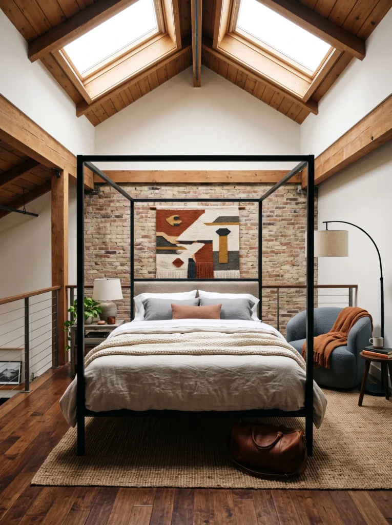 Iron four-poster bed with woven wool wall hanging in a loft bedroom