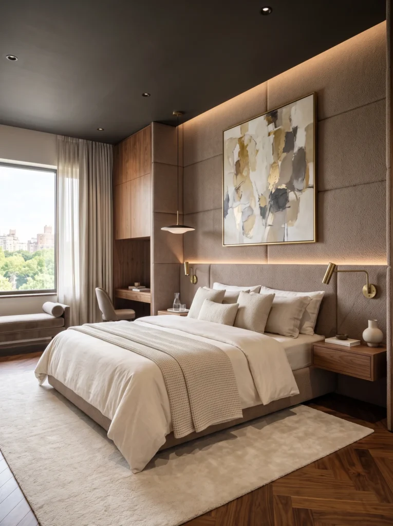 Wraparound upholstered headboard with integrated floating nightstands