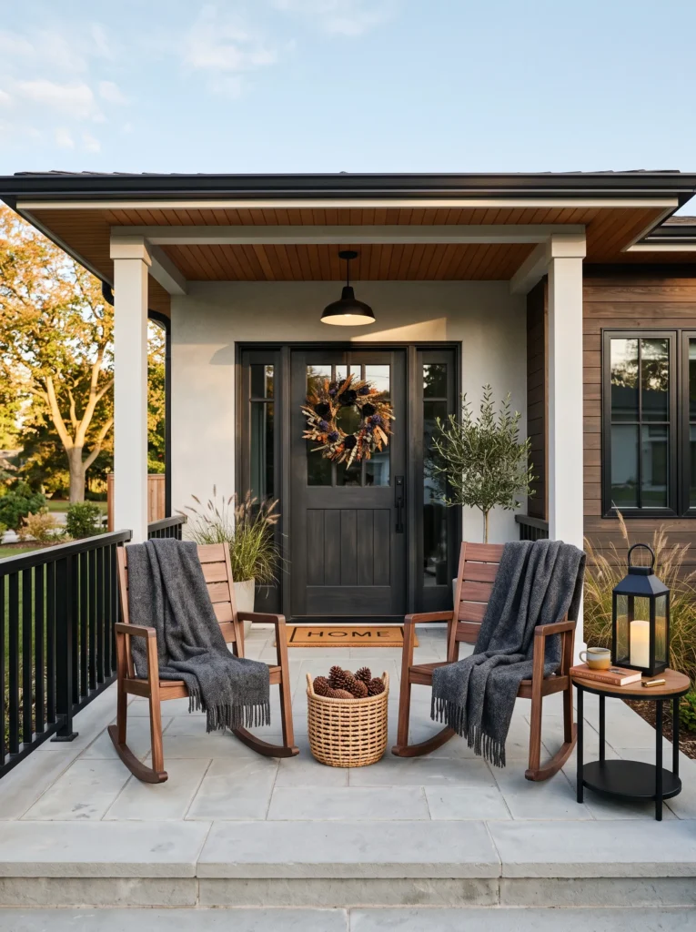 porch rocking chairs with charcoal wool throws and dried floral wreath