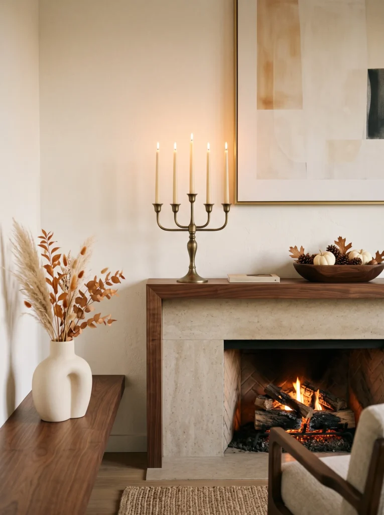 Aged-brass five-arm candelabra with cream ceramic and walnut accents arranged on a sophisticated autumn fireplace mantel.