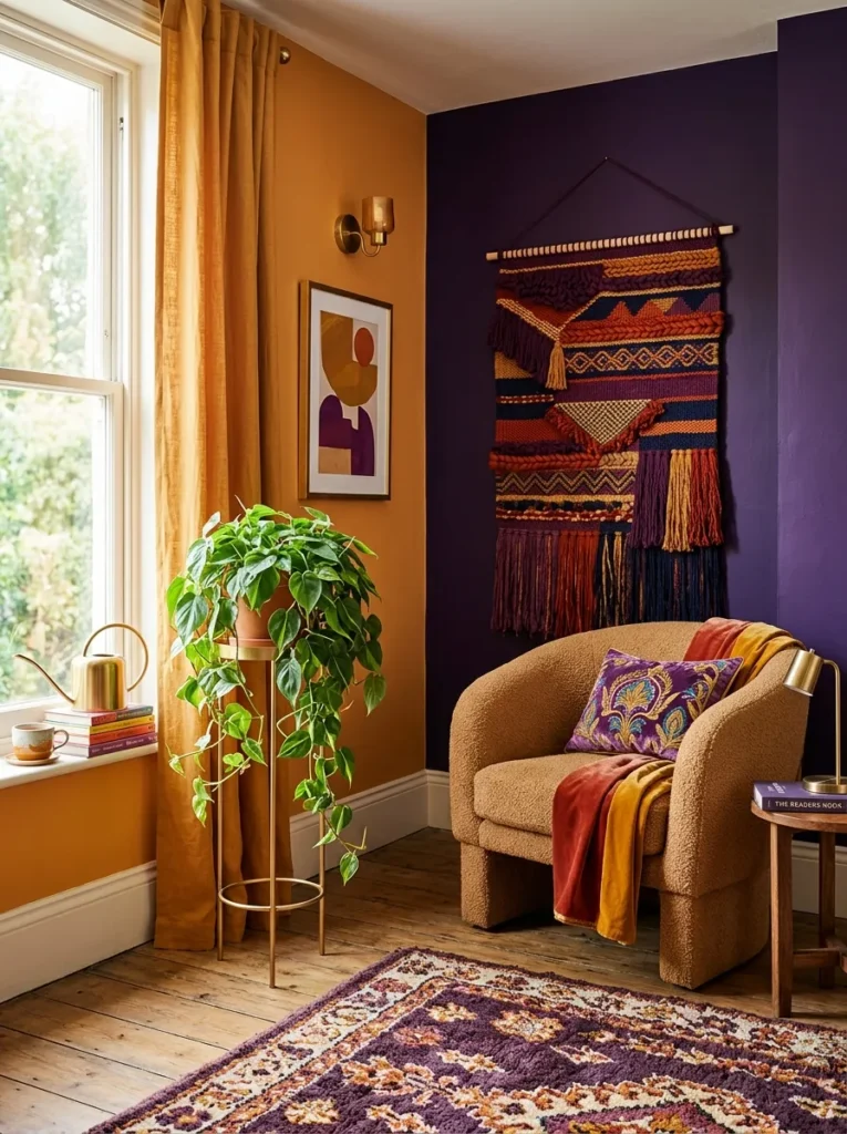 Warm amber wall meeting a deep amethyst reading nook