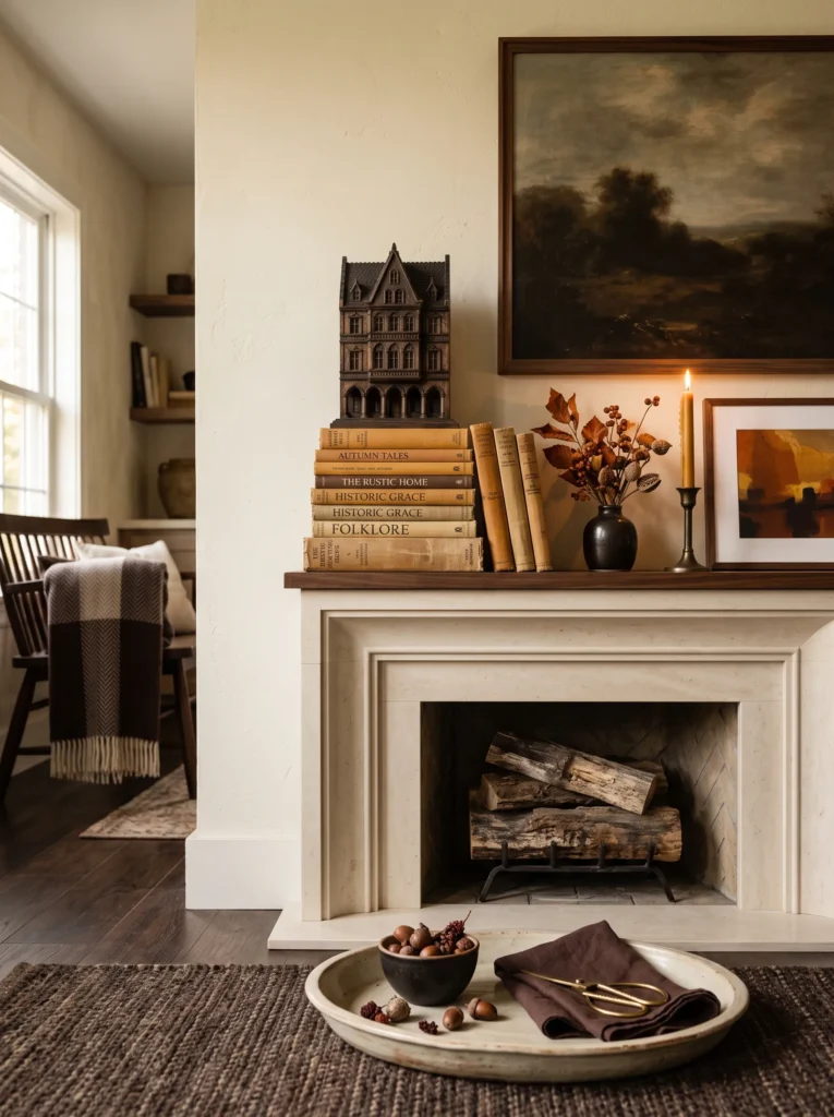 Vintage honey-amber and parchment book stack with a carved architectural model and cream tray on a sophisticated fall mantel.