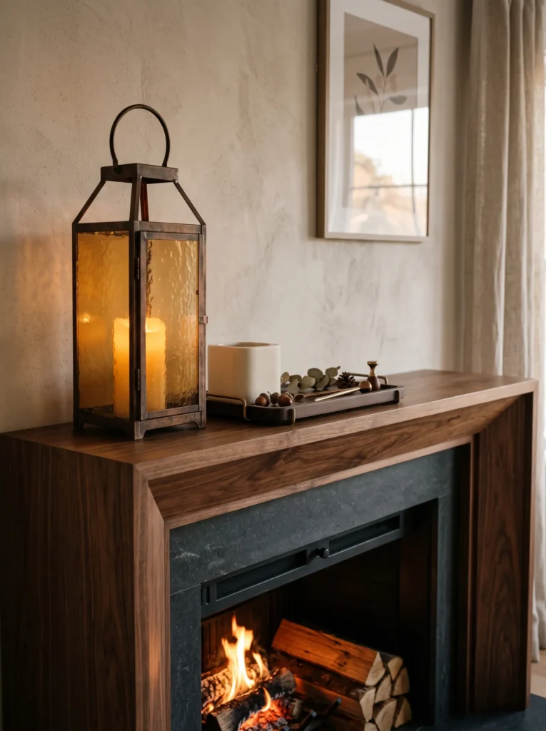Tall amber glass lantern with aged-metal frame, ivory ceramic block, and chocolate tray creating a warm fall mantel arrangement.