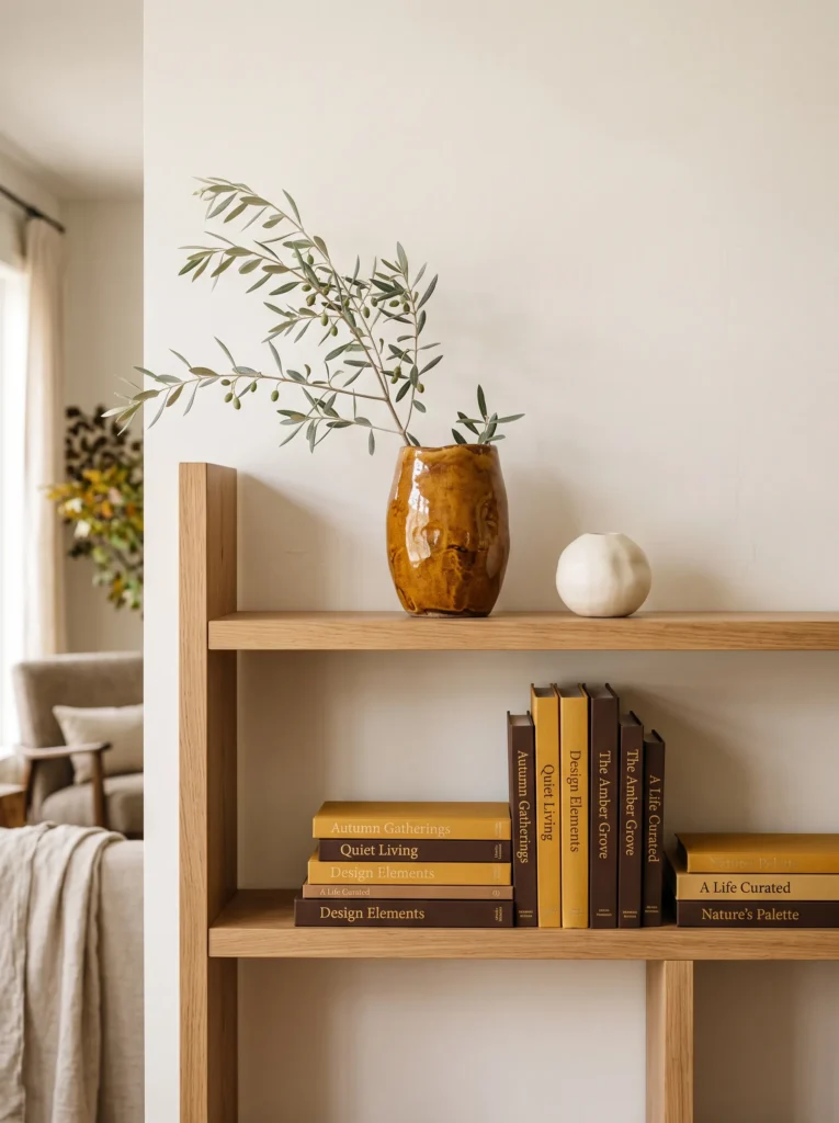 Amber ceramic vessel with olive branch, mustard and chocolate books, and ivory accent on a modern fall bookshelf.